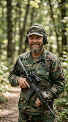 Obraz premium Smiling male soldier in camouflage uniform with an assault rifle and hearing protection standing in a forest vertical format