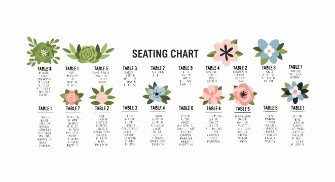 Decorative seating chart with floral accents and listed tables