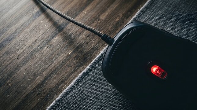 Bottom of computer mouse with glowing red optical sensor