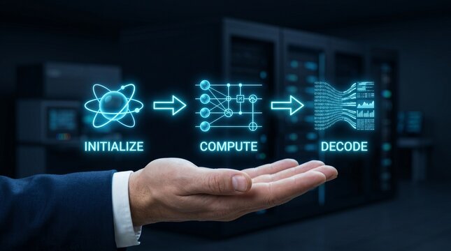 A businessman in a suit presenting a glowing blue data processing concept with initialize compute decode steps