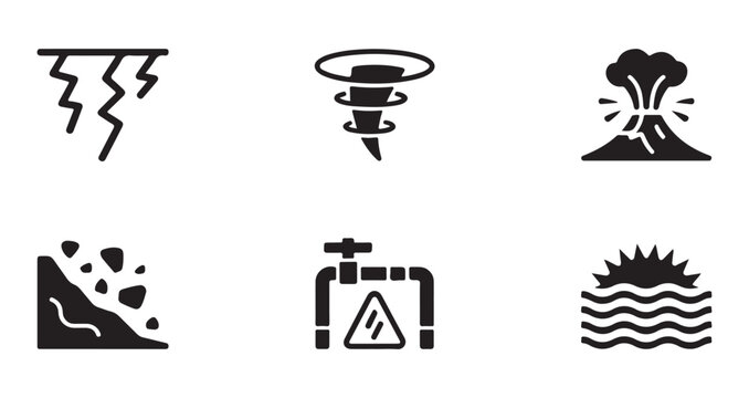 Set of natural disaster icons showing lightning tornado volcano landslide flood and storm symbols.