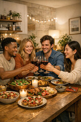 Fototapeta premium Group of four friends raising wine glasses in a toast, sitting around wooden table with food on it. Warm and joyful atmosphere.