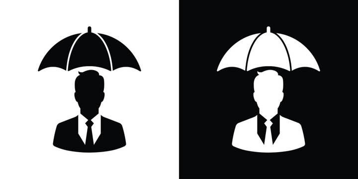 Businessman silhouette protected under umbrella icon. Concepts of business insurance, financial security, and risk management. Vector illustration.