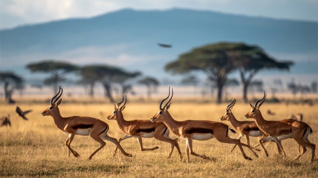 Herd of gazelles running across African savanna.