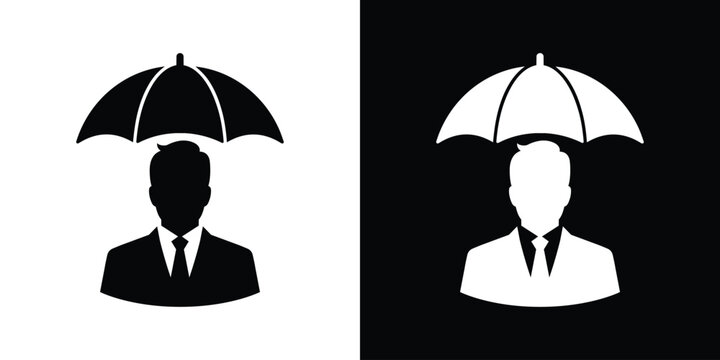 Businessman silhouette protected under umbrella icon. Concepts of business insurance, financial security, and risk management. Vector illustration.