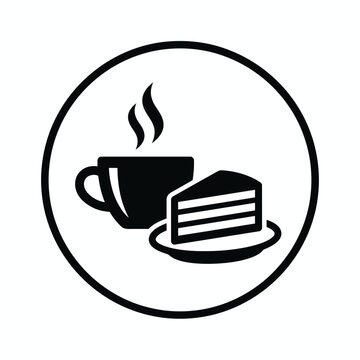A black and white vector icon of a steaming cup of coffee next to a slice of cake on a plate, symbolizing a break or treat