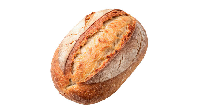 Fresh baked golden traditional artisan crusty bread loaf isolated on transparent background cut out