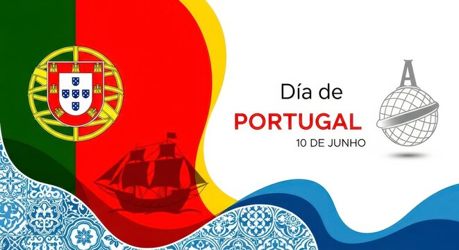 Portugal day celebration graphic with flag and ship illustration