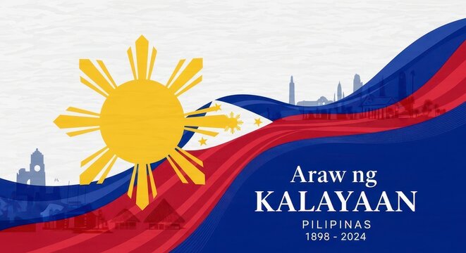 Philippine flag with sunrise and city skyline celebrating 1898 to 2024 independence