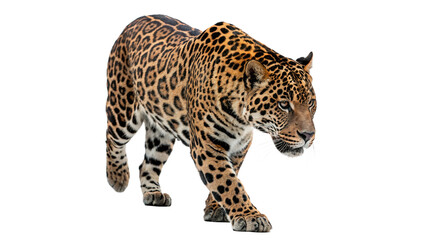 Full length profile view of wild African leopard jaguar isolated on transparent background cut out © 1png-stock