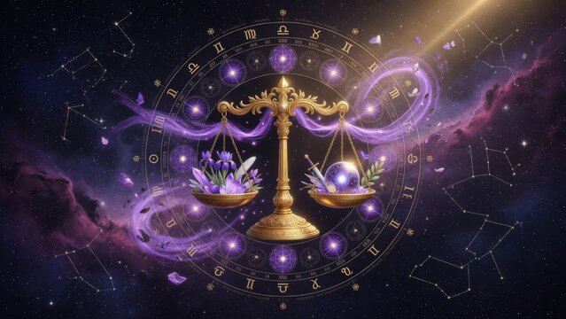 Libra scales float in a purple galaxy with star trails, zodiac symbols and soft cosmic light, ideal for astrology, horoscope, balance, harmony and celestial fantasy artwork for premium zodiac wall art