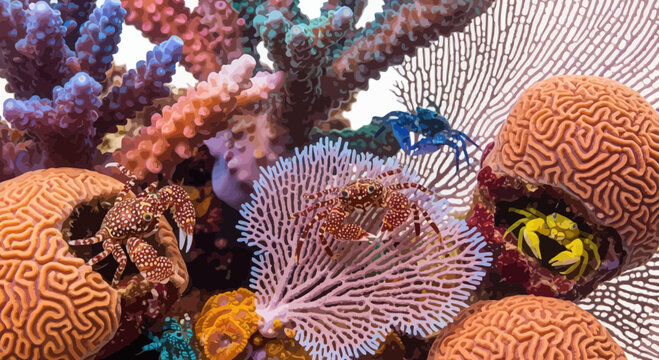 Vibrant coral reef ecosystem teeming with diverse marine life, featuring intricate corals and hidden crabs in a breathtaking underwater habitat