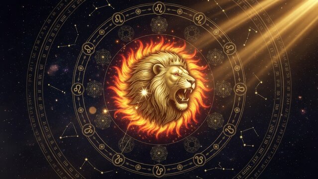 Leo lion zodiac sun glows with intense golden fire inside a starry astrological wheel, ideal for astrology, horoscope, royalty, confidence and celestial fantasy design for premium zodiac wall art
