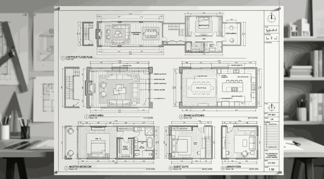 Architectural design board featuring multiple floor plan layouts and technical drawings