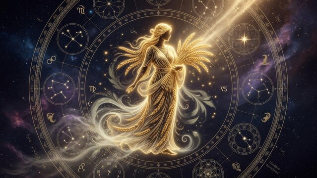 Virgo goddess rises in golden white cosmic light with flowing robes, stars and zodiac wheel details, ideal for astrology, horoscope, purity and celestial divine art for premium zodiac wall art

