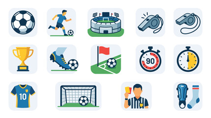 Fototapeta premium Soccer Icons Set: Football, Player, Stadium, Whistle, Trophy, Stopwatch, Jersey, Referee