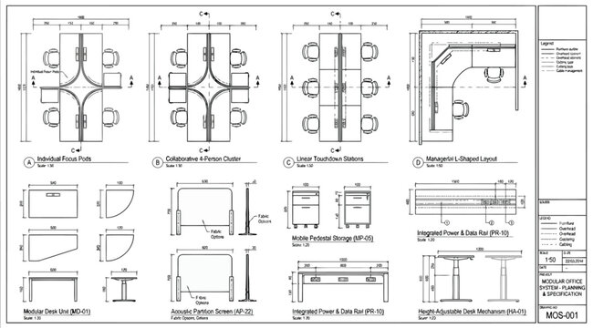 Technical blueprint of modular office workstation systems, showing desk clusters, executive layouts, and height adjustable desks