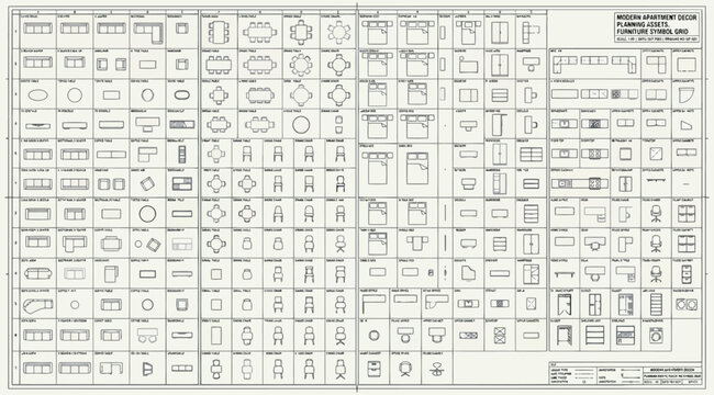 Architectural furniture and interior design symbols reference sheet