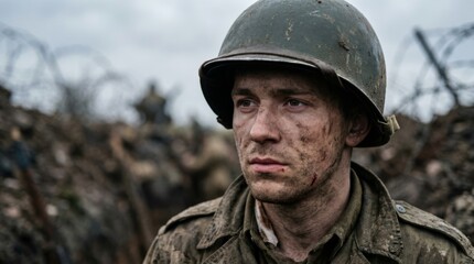 Obraz premium Gritty close-up of a mud-covered soldier in a helmet, looking weary with barbed wire in the background. A depiction of the harsh realities of war and conflict.
