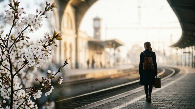 Woman with Suitcase at Vintage Train Station During Cherry Blossom Season