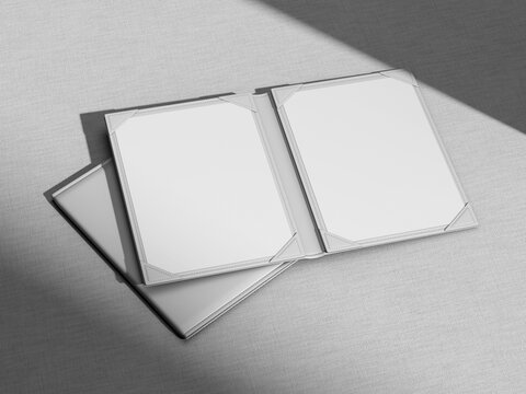 Blank White Modern Isometric Restaurant Menu Book Mockup on Fabric Surface 3D Render