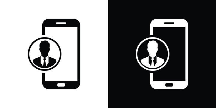 Silhouette of a mobile smartphone with a businessman avatar profile badge. Representative icon for mobile business communication, contacts, and apps.