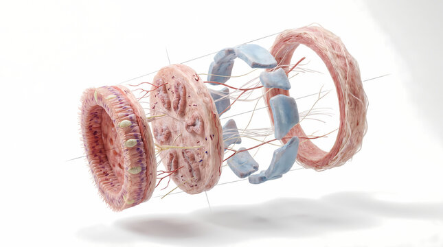 Exploded View of Intestinal Wall Showing Layers and Structures