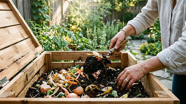 Woman turning organic vegetable waste in a wooden backyard compost bin