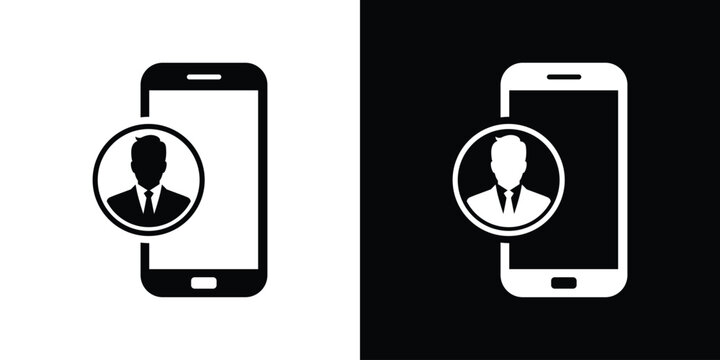 Silhouette of a mobile smartphone with a businessman avatar profile badge. Representative icon for mobile business communication, contacts, and apps.