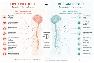 A diagram comparing the sympathetic nervous system (Fight or Flight) and the parasympathetic nervous system (Rest and Digest).