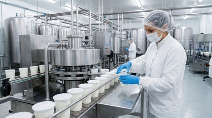 Dairy packaging inspection scene showing sealed yogurt cups, conveyor workflow and food safety verification in clean factory.