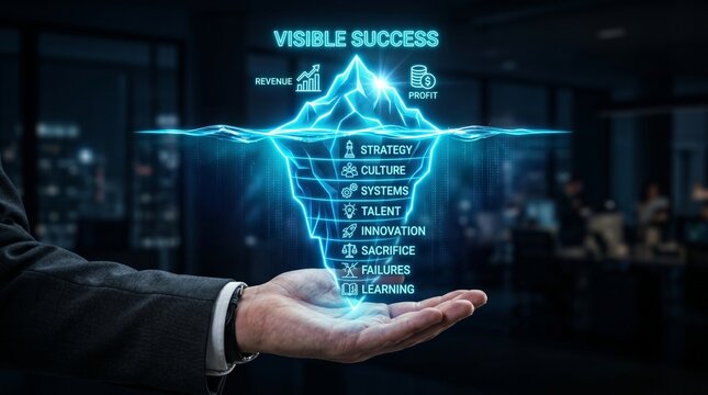 Businessman holding glowing blue pyramid with visible success strategy and revenue growth elements in a modern office environment with a blurred background