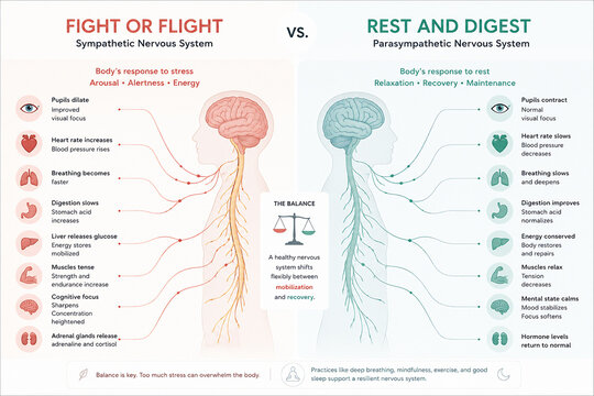 A diagram comparing the sympathetic nervous system (Fight or Flight) and the parasympathetic nervous system (Rest and Digest).