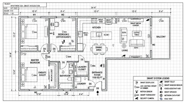 Detailed floor plan of a smart apartment with integrated technology systems and legend