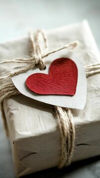 A gift is wrapped in plain paper and tied with twine. A heart-shaped tag is attached to the gift. The focus is on the wrapping details and the heart during different angles