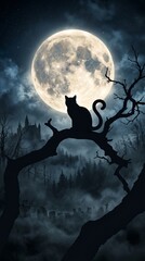 Fototapeta premium Spooky halloween mobile wallpaper with black cat and full moon