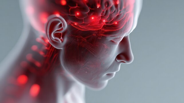 The Human Brain's Network: A digital illustration depicts the intricate neural network within the human brain, highlighted by glowing red nodes suggesting activity or pain.