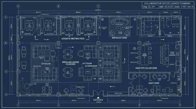 Blue architectural floor plan blueprint of a collaborative office lounge