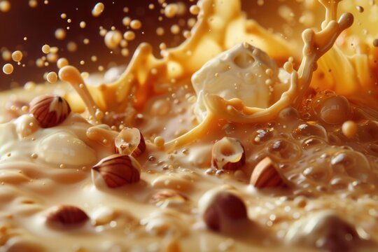 Golden liquid splashes with hazelnuts