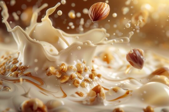 Creamy splash captures golden hazelnuts mid-air