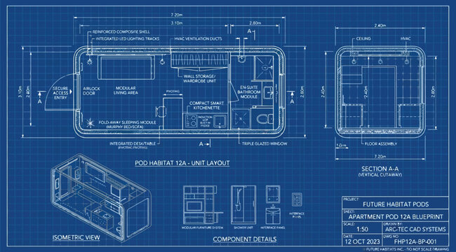 Blueprint of a compact modular apartment pod design