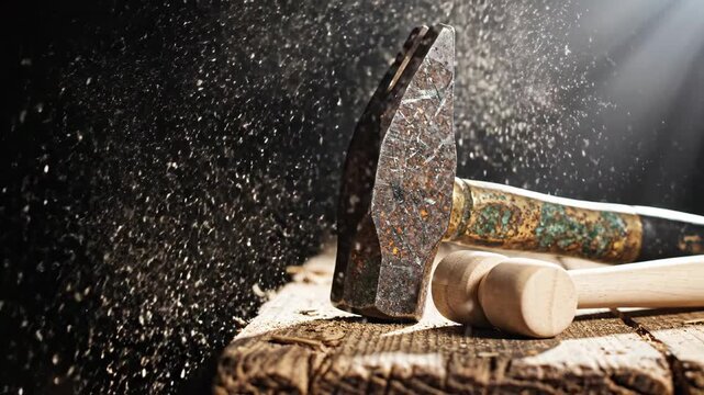 Metal hammer striking wooden surface with flying sawdust particles. Craftsmanship tool impacting timber block in workshop. Industrial construction work in progress