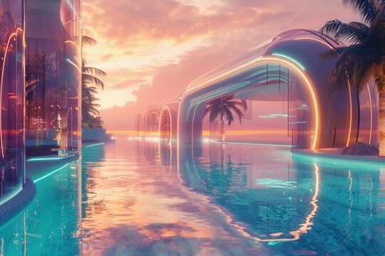 Future city glows with neon arches over calm water