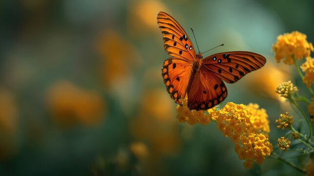 Gulf Fritillary butterfly feeding on bright yellow flowers.
