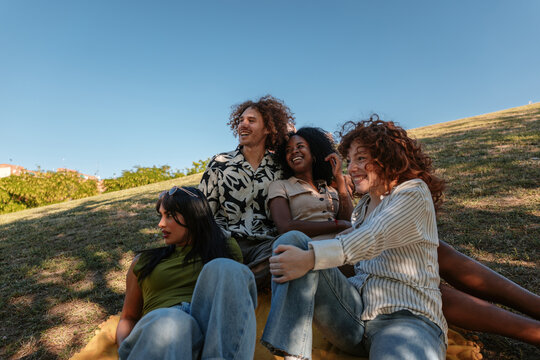 Diverse friends enjoying park picnic on sunny day