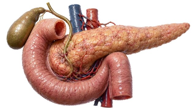 Human pancreas anatomy with anatomically accurate duodenum, gallbladder, bile duct, and surrounding vascular structures isolated on a clean white background.