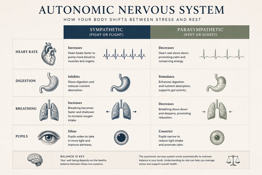 An infographic illustrates the autonomic nervous system, detailing the functions of sympathetic (fight or flight) and parasympathetic (rest or digest) responses on various body systems.