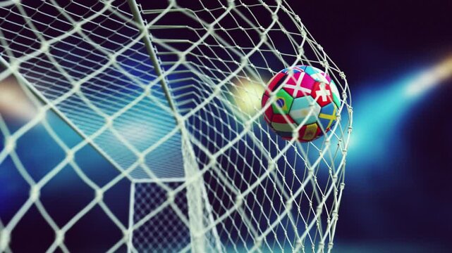 Soccer ball flying to a goal net