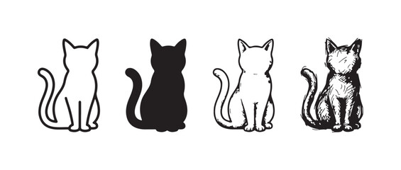 Front view of a sitting cat with a curved tail, presented in four stylized forms: simple line art, bold silhouette, detailed etching, and a dynamic doodle. © Ірина Гринюк