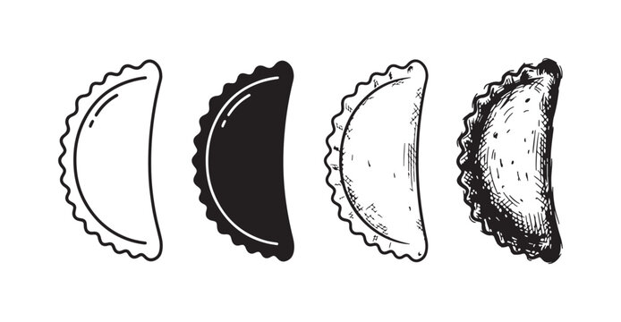 Set of four black and white empanada or dumpling illustrations, showcasing diverse styles from minimalist line to textured hand-drawn art.